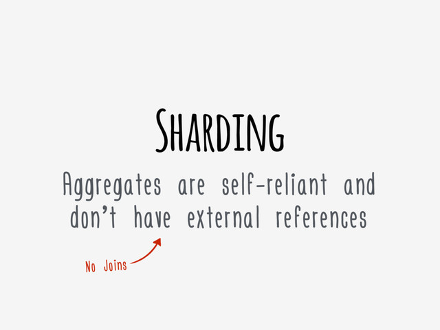 Sharding
Aggregates are self-reliant and
don’t have external references
No Joins
