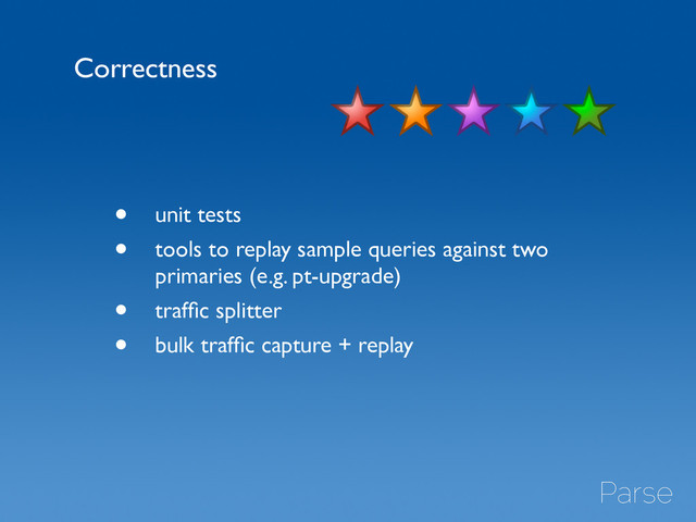 • unit tests	

• tools to replay sample queries against two
primaries (e.g. pt-upgrade)	

• trafﬁc splitter	

• bulk trafﬁc capture + replay
Correctness
