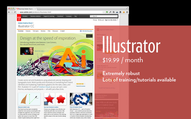 Illustrator
$19.99 / month
Extremely robust
Lots of training/tutorials available
