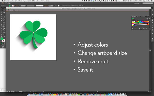 • Adjust colors
• Change artboard size
• Remove cruft
• Save it
