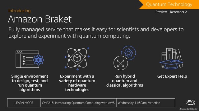 Amazon Confidential
Amazon Braket
Introducing
Fully managed service that makes it easy for scientists and developers to
explore and experiment with quantum computing.
DRAFT
Quantum Technology
Preview – December 2
LEARN MORE CMP213: Introducing Quantum Computing with AWS Wednesday 11:30am, Venetian
