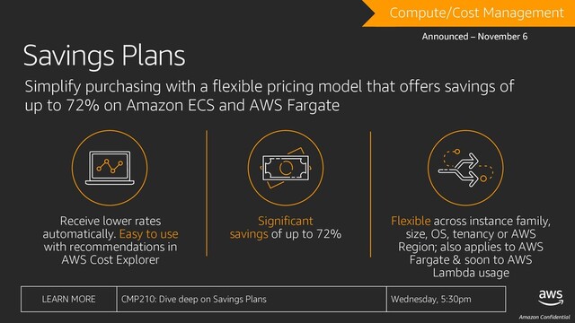 Amazon Confidential
Receive lower rates
automatically. Easy to use
with recommendations in
AWS Cost Explorer
Significant
savings of up to 72%
Flexible across instance family,
size, OS, tenancy or AWS
Region; also applies to AWS
Fargate & soon to AWS
Lambda usage
Compute/Cost Management
LEARN MORE CMP210: Dive deep on Savings Plans Wednesday, 5:30pm
Announced – November 6
Simplify purchasing with a flexible pricing model that offers savings of
up to 72% on Amazon ECS and AWS Fargate
Savings Plans
