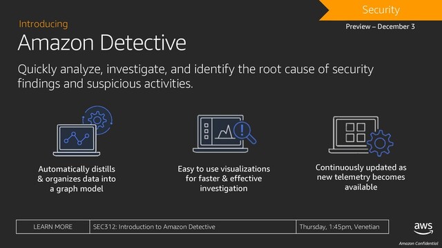 Amazon Confidential
Amazon Detective
Introducing
Quickly analyze, investigate, and identify the root cause of security
findings and suspicious activities.
Automatically distills
& organizes data into
a graph model
Easy to use visualizations
for faster & effective
investigation
Continuously updated as
new telemetry becomes
available
Preview – December 3
DRAFT
Security
LEARN MORE SEC312: Introduction to Amazon Detective Thursday, 1:45pm, Venetian
