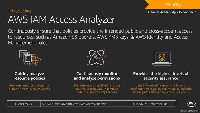 Amazon Confidential
AWS IAM Access Analyzer
Introducing
Continuously ensure that policies provide the intended public and cross-account access
to resources, such as Amazon S3 buckets, AWS KMS keys, & AWS Identity and Access
Management roles.
General Availability – December 2
DRAFT
Security
Uses automated reasoning, a form of
mathematical logic, to determine all possible
access paths allowed by a resource policy
Analyzes new or updated resource
policies to help you understand
potential security implications
Analyzes resource policies for
public or cross-account access
LEARN MORE SEC309: Deep Dive into AWS IAM Access Analyzer Thursday, 3:15pm, Venetian
