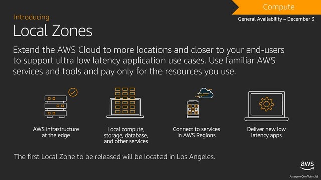 Amazon Confidential
Local Zones
Introducing
Extend the AWS Cloud to more locations and closer to your end-users
to support ultra low latency application use cases. Use familiar AWS
services and tools and pay only for the resources you use.
DRAFT
Compute
General Availability – December 3
The first Local Zone to be released will be located in Los Angeles.
