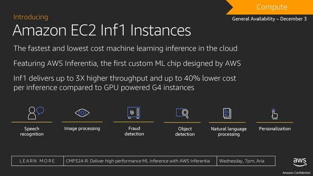 Amazon Confidential
Amazon EC2 Inf1 Instances
Introducing
The fastest and lowest cost machine learning inference in the cloud
Featuring AWS Inferentia, the first custom ML chip designed by AWS
Inf1 delivers up to 3X higher throughput and up to 40% lower cost
per inference compared to GPU powered G4 instances
Compute
General Availability – December 3
L E A R N M O R E CMP324-R: Deliver high performance ML inference with AWS Inferentia Wednesday, 7pm, Aria
Natural language
processing
Personalization
Object
detection
Speech
recognition
Image processing Fraud
detection
