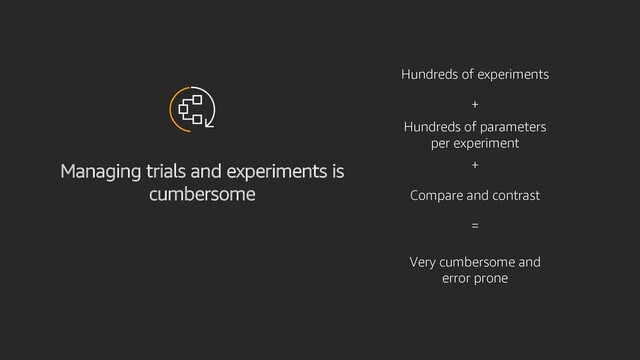 Managing trials and experiments is
cumbersome
Hundreds of experiments
Hundreds of parameters
per experiment
Compare and contrast
Very cumbersome and
error prone
+
+
=
