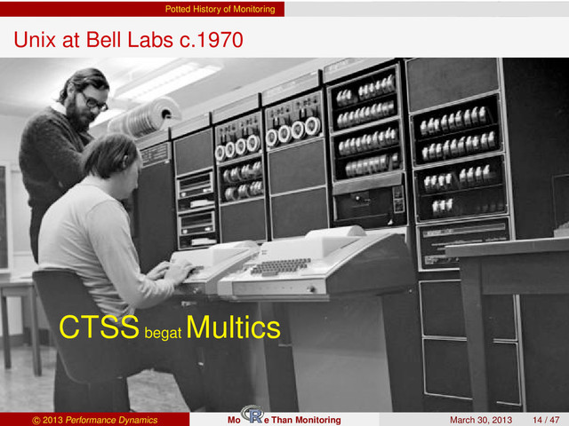 Potted History of Monitoring
Unix at Bell Labs c.1970
CTSSbegat
Multics
c 2013 Performance Dynamics Mo e Than Monitoring March 30, 2013 14 / 47
