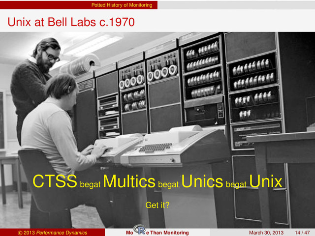 Potted History of Monitoring
Unix at Bell Labs c.1970
CTSSbegat
Multicsbegat
Unicsbegat
Unix
Get it?
c 2013 Performance Dynamics Mo e Than Monitoring March 30, 2013 14 / 47
