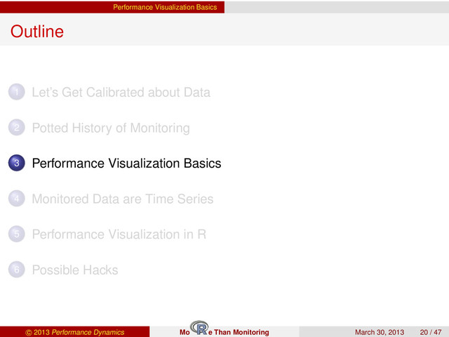 Performance Visualization Basics
Outline
1 Let’s Get Calibrated about Data
2 Potted History of Monitoring
3 Performance Visualization Basics
4 Monitored Data are Time Series
5 Performance Visualization in R
6 Possible Hacks
c 2013 Performance Dynamics Mo e Than Monitoring March 30, 2013 20 / 47

