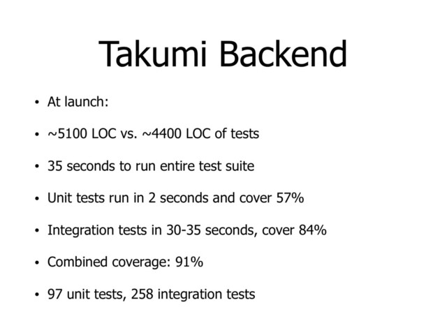 Takumi Backend
• At launch:
• ~5100 LOC vs. ~4400 LOC of tests
• 35 seconds to run entire test suite
• Unit tests run in 2 seconds and cover 57%
• Integration tests in 30-35 seconds, cover 84%
• Combined coverage: 91%
• 97 unit tests, 258 integration tests
