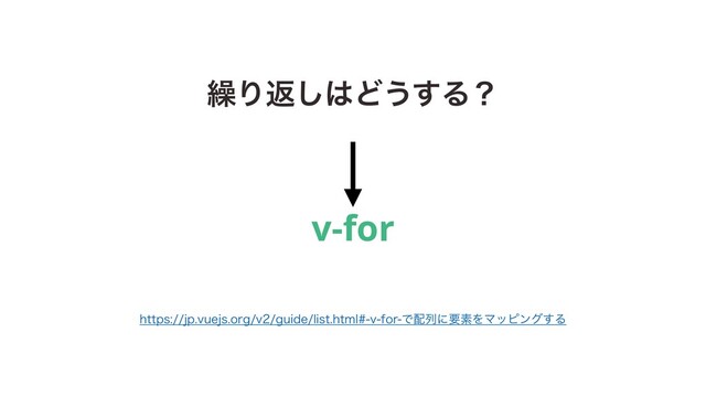 ܁Γฦ͠͸Ͳ͏͢Δʁ
v-for
IUUQTKQWVFKTPSHWHVJEFMJTUIUNMWGPSͰ഑ྻʹཁૉΛϚοϐϯά͢Δ
