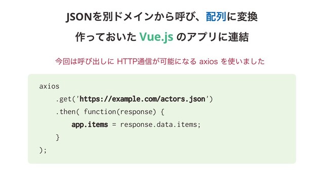 JSONΛผυϝΠϯ͔Βݺͼɺ഑ྻʹม׵ 
࡞͓͍ͬͯͨ Vue.js ͷΞϓϦʹ࿈݁
axios
.get('https://example.com/actors.json')
.then( function(response) {
app.items = response.data.items;
}
);
ࠓճ͸ݺͼग़͠ʹ)551௨৴͕ՄೳʹͳΔBYJPTΛ࢖͍·ͨ͠
