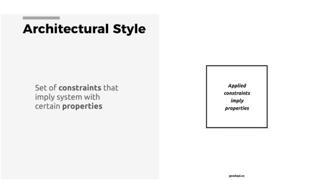 goodapi.co
Architectural Style
Set of constraints that
imply system with
certain properties
Applied
constraints
imply
properties
