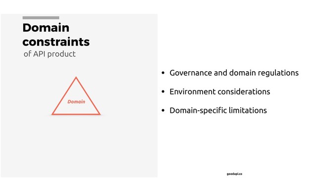 goodapi.co
Domain
constraints
• Governance and domain regulations
• Environment considerations
• Domain-speciﬁc limitations
Domain
of API product

