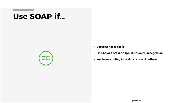 goodapi.co
Use SOAP if…
• Customer asks for it
• One-to-one scenario (point-to-point) integration
• You have existing infrastructure and culture
Enterprise
Readiness
