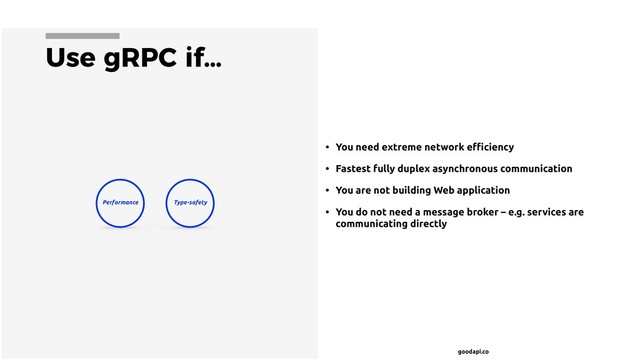 goodapi.co
Use gRPC if…
• You need extreme network eﬃciency
• Fastest fully duplex asynchronous communication
• You are not building Web application
• You do not need a message broker – e.g. services are
communicating directly
Performance Type-safety
