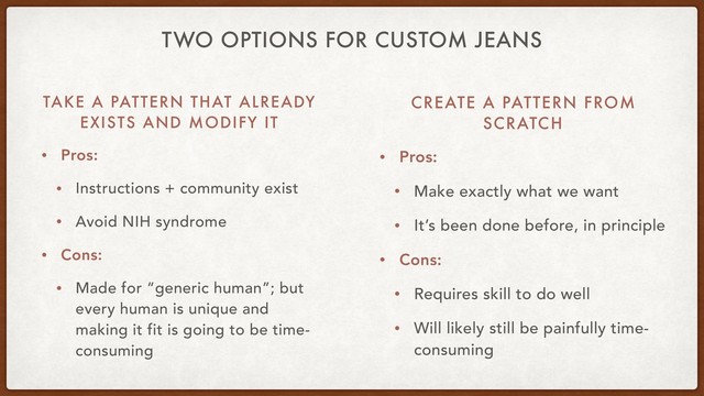 TWO OPTIONS FOR CUSTOM JEANS
TAKE A PATTERN THAT ALREADY
EXISTS AND MODIFY IT
• Pros:
• Instructions + community exist
• Avoid NIH syndrome
• Cons:
• Made for “generic human”; but
every human is unique and
making it fit is going to be time-
consuming
CREATE A PATTERN FROM
SCRATCH
• Pros:
• Make exactly what we want
• It’s been done before, in principle
• Cons:
• Requires skill to do well
• Will likely still be painfully time-
consuming
