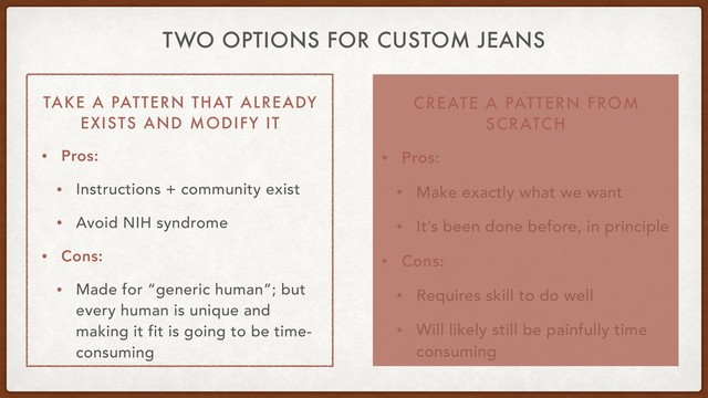 CREATE A PATTERN FROM
SCRATCH
• Pros:
• Make exactly what we want
• It’s been done before, in principle
• Cons:
• Requires skill to do well
• Will likely still be painfully time
consuming
TWO OPTIONS FOR CUSTOM JEANS
TAKE A PATTERN THAT ALREADY
EXISTS AND MODIFY IT
• Pros:
• Instructions + community exist
• Avoid NIH syndrome
• Cons:
• Made for “generic human”; but
every human is unique and
making it fit is going to be time-
consuming
