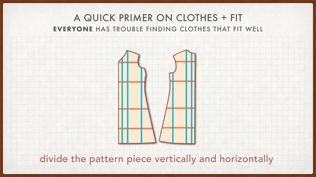 A QUICK PRIMER ON CLOTHES + FIT
EVERYONE HAS TROUBLE FINDING CLOTHES THAT FIT WELL
divide the pattern piece vertically and horizontally
