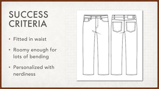 SUCCESS
CRITERIA
• Fitted in waist
• Roomy enough for
lots of bending
• Personalized with
nerdiness
