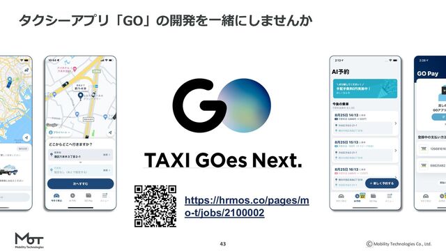 Mobility Technologies Co., Ltd.
43
タクシーアプリ「GO」の開発を⼀緒にしませんか
https://hrmos.co/pages/m
o-t/jobs/2100002
