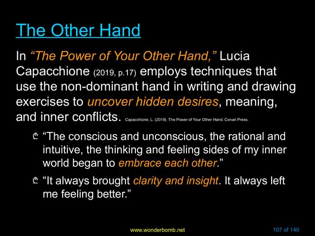 www.wonderbomb.net 107 of 140
The Other Hand
The Other Hand
In “The Power of Your Other Hand,” Lucia
Capacchione (2019, p.17)
employs techniques that
use the non-dominant hand in writing and drawing
exercises to uncover hidden desires, meaning,
and inner conflicts.
Capacchione, L. (2019). The Power of Your Other Hand. Conari Press.
₾ “The conscious and unconscious, the rational and
intuitive, the thinking and feeling sides of my inner
world began to embrace each other.”
₾ “It always brought clarity and insight. It always left
me feeling better.”
