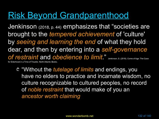 www.wonderbomb.net 132 of 140
Risk Beyond Grandparenthood
Risk Beyond Grandparenthood
Jenkinson (2018, p. 44)
emphasizes that “societies are
brought to the tempered achievement of 'culture'
by seeing and learning the end of what they hold
dear, and then by entering into a self-governance
of restraint and obedience to limit.”
Jenkinson, S. (2018). Come of Age: The Case
for Elderhood in a Time of Trouble. North Atlantic Books.
₾ “Without the tutelage of limits and endings, you
have no elders to practice and incarnate wisdom, no
culture recognizable to cultured peoples, no record
of noble restraint that would make of you an
ancestor worth claiming
