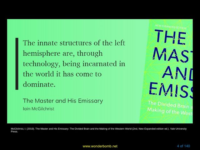 www.wonderbomb.net 4 of 140
McGilchrist, I. (2019). The Master and His Emissary: The Divided Brain and the Making of the Western World (2nd, New Expanded edition ed.). Yale University
Press.

