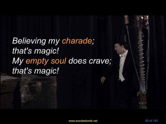 www.wonderbomb.net 62 of 140
Believing my
Believing my charade
charade;
;
that's magic!
that's magic!
My
My empty soul
empty soul does crave;
does crave;
that's magic!
that's magic!
