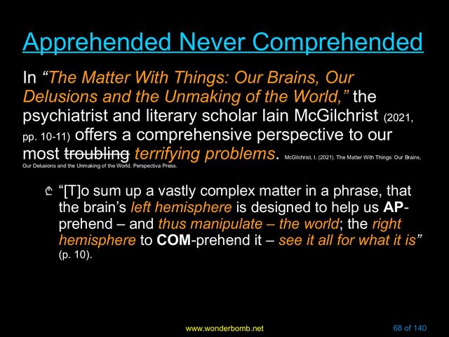 www.wonderbomb.net 68 of 140
Apprehended Never Comprehended
Apprehended Never Comprehended
In “The Matter With Things: Our Brains, Our
Delusions and the Unmaking of the World,” the
psychiatrist and literary scholar Iain McGilchrist (2021,
pp. 10-11)
offers a comprehensive perspective to our
most troubling terrifying problems.
McGilchrist, I. (2021). The Matter With Things: Our Brains,
Our Delusions and the Unmaking of the World. Perspectiva Press.
₾ “[T]o sum up a vastly complex matter in a phrase, that
the brain’s left hemisphere is designed to help us AP-
prehend – and thus manipulate – the world; the right
hemisphere to COM-prehend it – see it all for what it is”
(p. 10).
