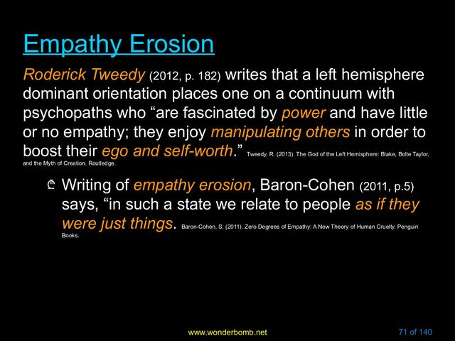 www.wonderbomb.net 71 of 140
Empathy Erosion
Empathy Erosion
Roderick Tweedy (2012, p. 182) writes that a left hemisphere
dominant orientation places one on a continuum with
psychopaths who “are fascinated by power and have little
or no empathy; they enjoy manipulating others in order to
boost their ego and self-worth.”
Tweedy, R. (2013). The God of the Left Hemisphere: Blake, Bolte Taylor,
and the Myth of Creation. Routledge.
₾ Writing of empathy erosion, Baron-Cohen (2011, p.5)
says, “in such a state we relate to people as if they
were just things.
Baron-Cohen, S. (2011). Zero Degrees of Empathy: A New Theory of Human Cruelty. Penguin
Books.
