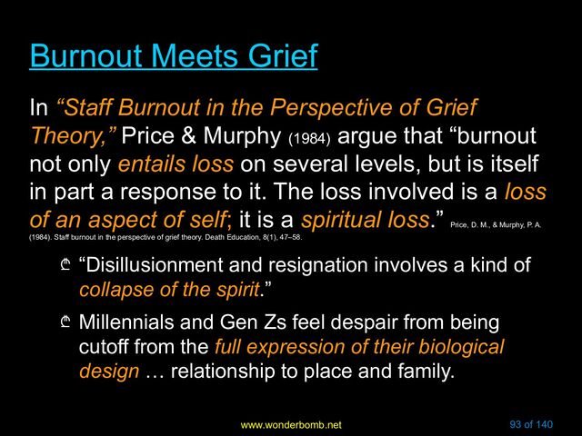www.wonderbomb.net 93 of 140
Burnout Meets Grief
Burnout Meets Grief
In “Staff Burnout in the Perspective of Grief
Theory,” Price & Murphy (1984)
argue that “burnout
not only entails loss on several levels, but is itself
in part a response to it. The loss involved is a loss
of an aspect of self; it is a spiritual loss.”
Price, D. M., & Murphy, P. A.
(1984). Staff burnout in the perspective of grief theory. Death Education, 8(1), 47–58.
₾ “Disillusionment and resignation involves a kind of
collapse of the spirit.”
₾ Millennials and Gen Zs feel despair from being
cutoff from the full expression of their biological
design … relationship to place and family.
