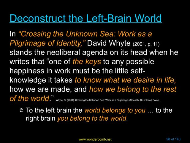 www.wonderbomb.net 98 of 140
Deconstruct the Left-Brain World
Deconstruct the Left-Brain World
In “Crossing the Unknown Sea: Work as a
Pilgrimage of Identity,” David Whyte (2001, p. 11)
stands the neoliberal agenda on its head when he
writes that “one of the keys to any possible
happiness in work must be the little self-
knowledge it takes to know what we desire in life,
how we are made, and how we belong to the rest
of the world.”
Whyte, D. (2001). Crossing the Unknown Sea: Work as a Pilgrimage of Identity. River Head Books.
₾ To the left brain the world belongs to you … to the
right brain you belong to the world.
