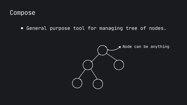 Compose
● General purpose tool for managing tree of nodes.
Node can be anything
