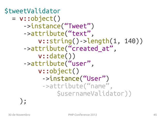 30 de Novembro PHP Conference 2012 45
$tweetValidator
= v::object()
->instance(“Tweet”)
->attribute(“text”,
v::string()->length(1, 140))
->attribute(“created_at”,
v::date())
->attribute(“user”,
v::object()
->instance(“User”)
->attribute(“name”,
$usernameValidator))
);

