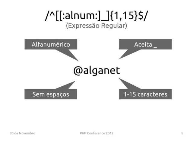 30 de Novembro PHP Conference 2012 8
@alganet
Alfanumérico Aceita _
1-15 caracteres
Sem espaços
/^[[:alnum:]_]{1,15}$/
(Expressão Regular)
