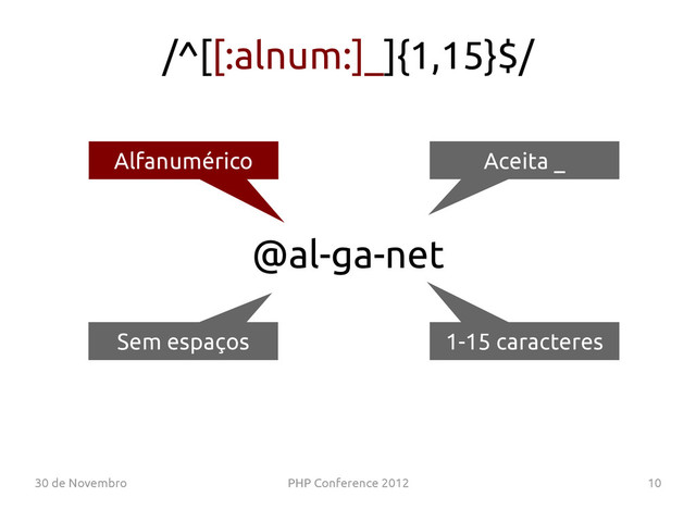 30 de Novembro PHP Conference 2012 10
@al-ga-net
Alfanumérico Aceita _
1-15 caracteres
Sem espaços
/^[[:alnum:]_]{1,15}$/
