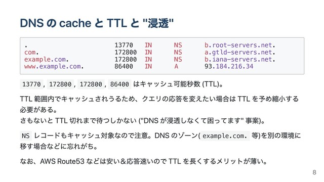 . 13770 IN NS b.root-servers.net.
com. 172800 IN NS a.gtld-servers.net.
example.com. 172800 IN NS b.iana-servers.net.
www.example.com. 86400 IN A 93.184.216.34
13770 172800 172800 86400
NS example.com.

