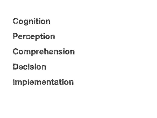 •
Cognition
•
Perception
•
Comprehension
•
Decision
•
Implementation
