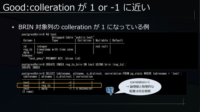 Good:colleration が 1 or -1 に近い
● BRIN 対象列の colleration が 1 になっている例
postgres@brin=# \d test
Unlogged table "public.test"
Column | Type | Collation | Nullable | Default
--------+--------------------------+-----------+----------+---------
id | integer | | not null |
reg_ts | timestamp with time zone | | |
data | text | | |
Indexes:
"test_pkey" PRIMARY KEY, btree (id)
postgres@brin=# CREATE INDEX reg_ts_brin ON test USING brin (reg_ts);
CREATE INDEX
postgres@brin=# SELECT tablename, attname, n_distinct, correlation FROM pg_stats WHERE tablename = 'test';
tablename | attname | n_distinct | correlation
-----------+---------+------------+-------------
test | id | -1 | 1
test | reg_ts | -1 | 1
test | data | -1 | 0.002063701
(3 rows)
correlation=1
→ 論理値と物理的な
配置は完全相関

