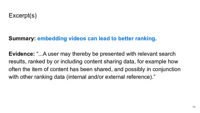 Excerpt(s)
Summary: embedding videos can lead to better ranking.
Evidence: “...A user may thereby be presented with relevant search
results, ranked by or including content sharing data, for example how
often the item of content has been shared, and possibly in conjunction
with other ranking data (internal and/or external reference).”
14
