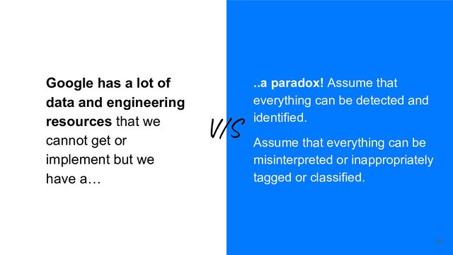..a paradox! Assume that
everything can be detected and
identified.
Assume that everything can be
misinterpreted or inappropriately
tagged or classified.
Google has a lot of
data and engineering
resources that we
cannot get or
implement but we
have a…
V/S
31
