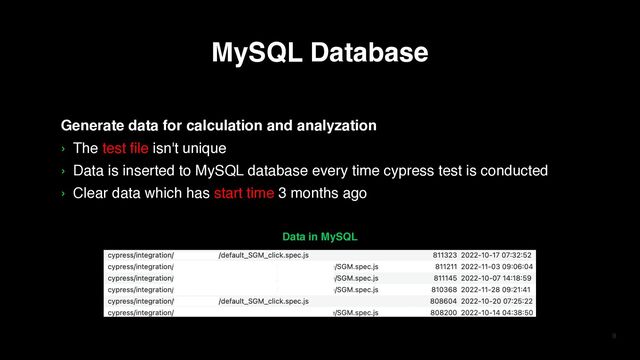 Generate data for calculation and analyzation
› The test file isn't unique
› Data is inserted to MySQL database every time cypress test is conducted
› Clear data which has start time 3 months ago
8
Data in MySQL
MySQL Database
