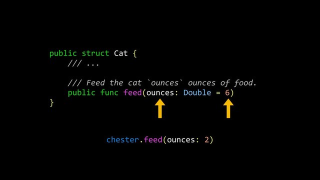 public struct Cat {
/// ...
/// Feed the cat `ounces` ounces of food.
public func feed(ounces: Double = 6)
}
chester.feed(ounces: 2)
