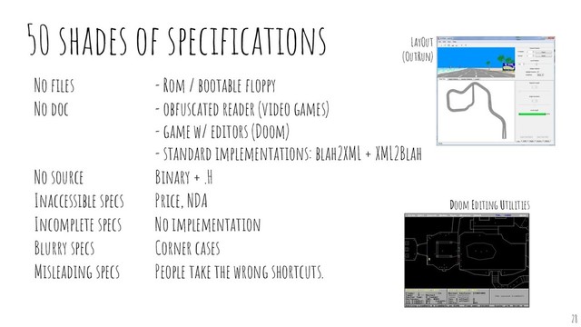 50 shades of speciﬁcations
- Rom / bootable ﬂoppy
- obfuscated reader (video games)
- game w/ editors (Doom)
- standard implementations: blah2XML + XML2Blah
<
Binary + .H
Price, NDA
,
No implementation
Corner cases
People take the wrong shortcuts.
No ﬁles
No doc
<
No source
<
Inaccessible specs
Incomplete specs
Blurry specs
Misleading specs
28
Doom Editing Utilities
LayOut
(OutRun)
