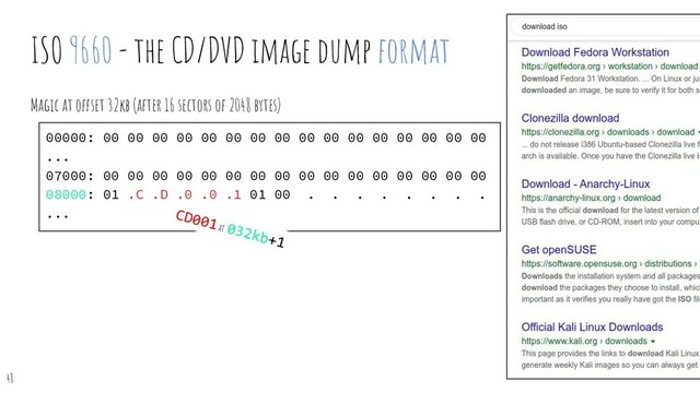 ISO 9660 - the CD/DVD image dump format
Magic at offset 32kb (after 16 sectors of 2048 bytes)
00000: 00 00 00 00 00 00 00 00 00 00 00 00 00 00 00 00
...
07000: 00 00 00 00 00 00 00 00 00 00 00 00 00 00 00 00
08000: 01 .C .D .0 .0 .1 01 00 . . . . . . . .
...
48
CD001 at 032kb+1
