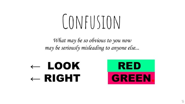 Confusion
← LOOK RED….
← RIGHT GREEN.
What may be so obvious to you now
may be seriously misleading to anyone else...
55
