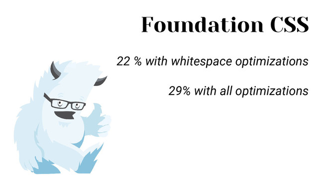 Foundation CSS
22 % with whitespace optimizations
29% with all optimizations
