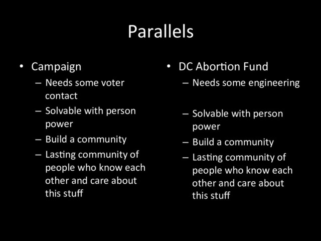 Parallels
•  Campaign
–  Needs some voter
contact
–  Solvable with person
power
–  Build a community
–  LasTng community of
people who know each
other and care about
this stuﬀ
•  DC AborTon Fund
–  Needs some engineering
–  Solvable with person
power
–  Build a community
–  LasTng community of
people who know each
other and care about
this stuﬀ
